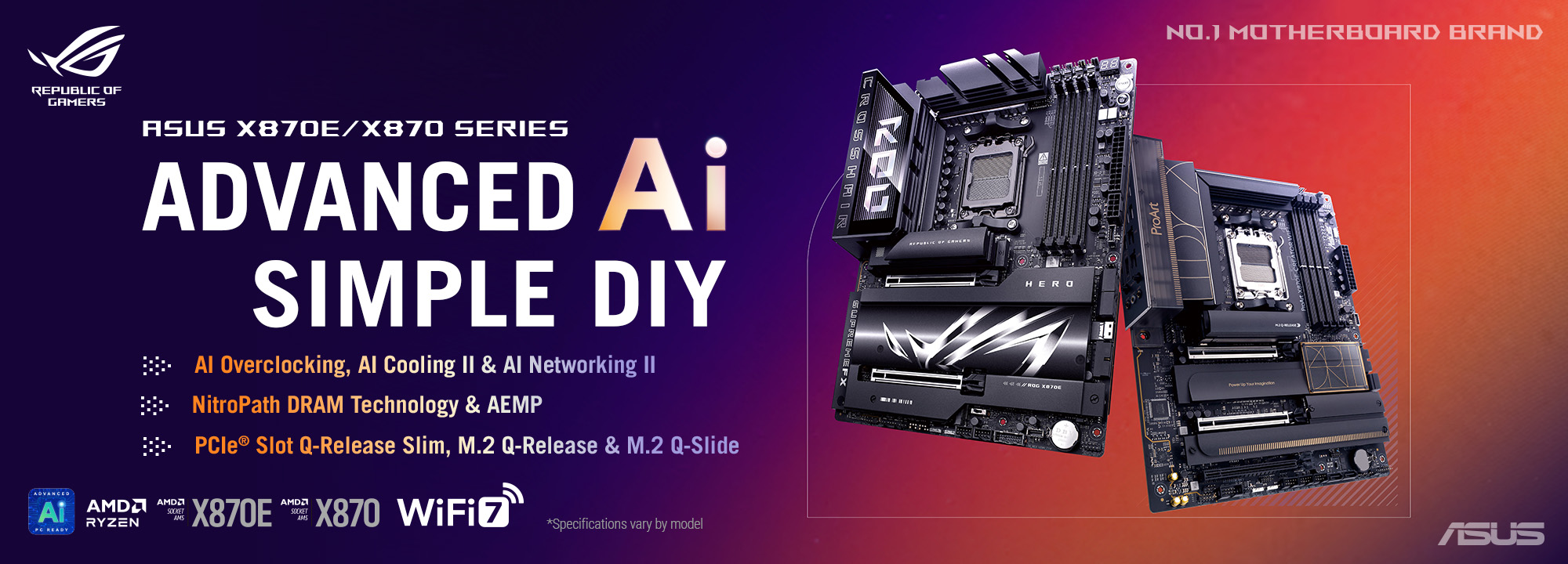 Baner dotyczący serii ASUS X870E prezentujący piękno płyt głównych ROG i ProArt X870E.