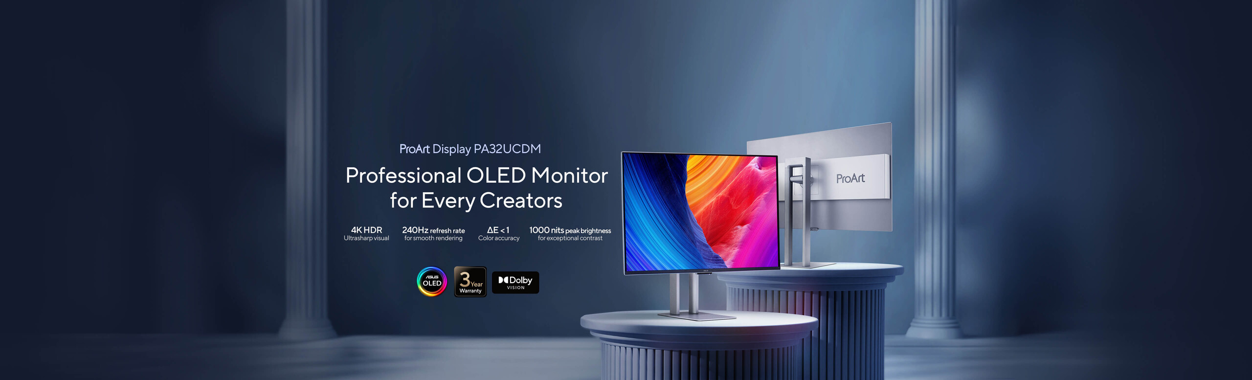 Image of 2 ProArt Display PA32UCDM.  Professional OLED Monitor for Every Creators