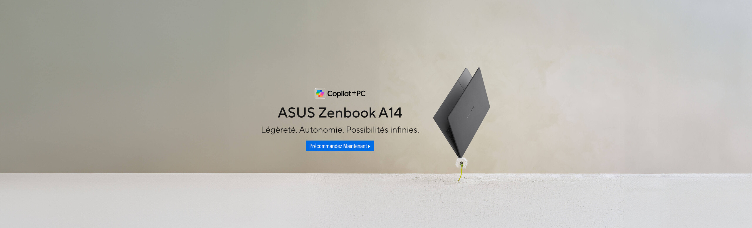 A dandelion lifting the ASUS Zenbook A14, Copilot+ PC, Pre-Order today!