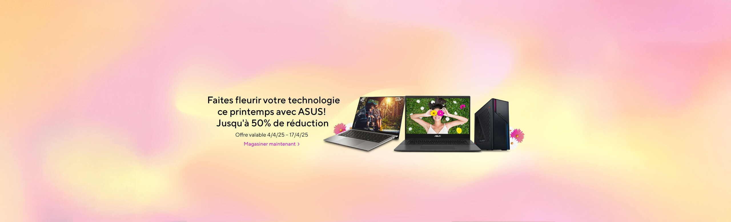 Image of 2 ASUS Laptops and Desktop.  Let your tech blossom this spring with ASUS!  Save up to 50%.  Offer valid 4/4/25-4/17/25  Shop Now