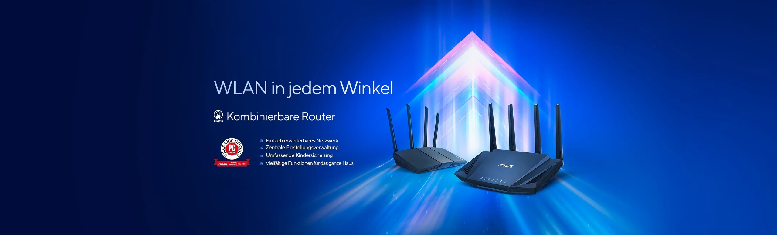 Two ASUS extendable routers with an arrow made of electric lighting effect’