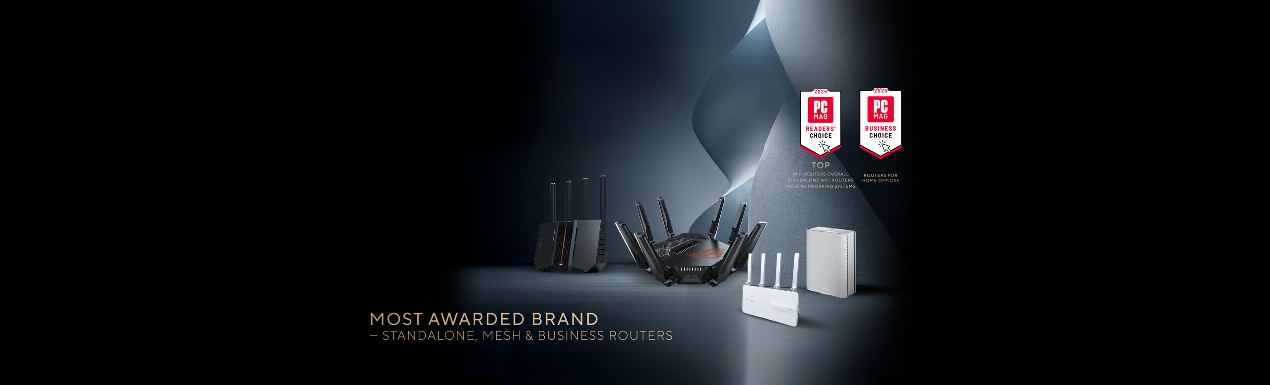 Four ASUS routers are displayed with PCMag 2025 Readers’ Choice and Business Choice award badges, highlighting ASUS as the most awarded brand for standalone, mesh, and business routers.