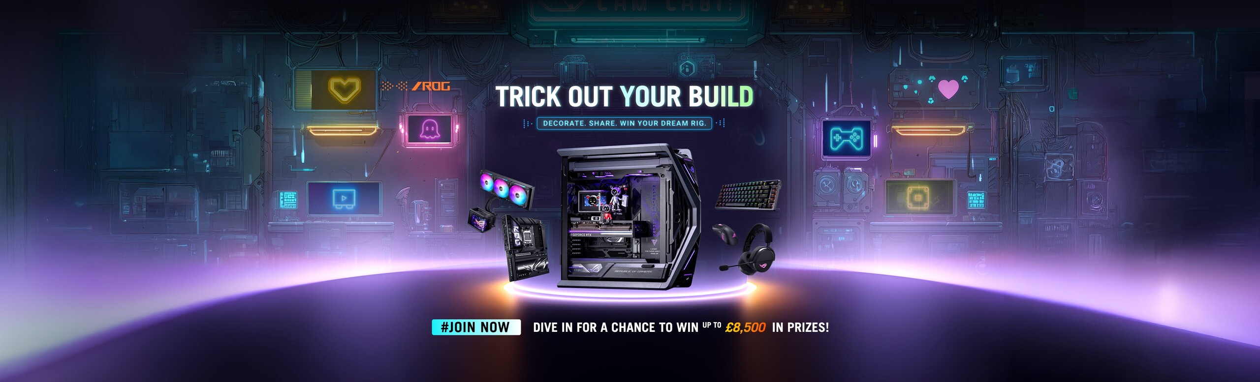 ASUS ROG Trick Out Your Build giveaway banner showing a custom gaming PC build with ROG components, including motherboard, AIO cooler, chassis, graphics card, keyboard, mouse, and headset.