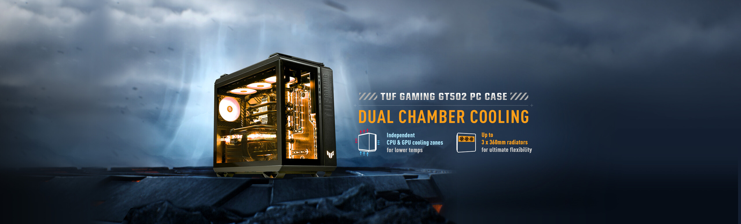 TUF Gaming GT502 banner features independent CPU & GPU cooling zones and up to three 360 mm radiators