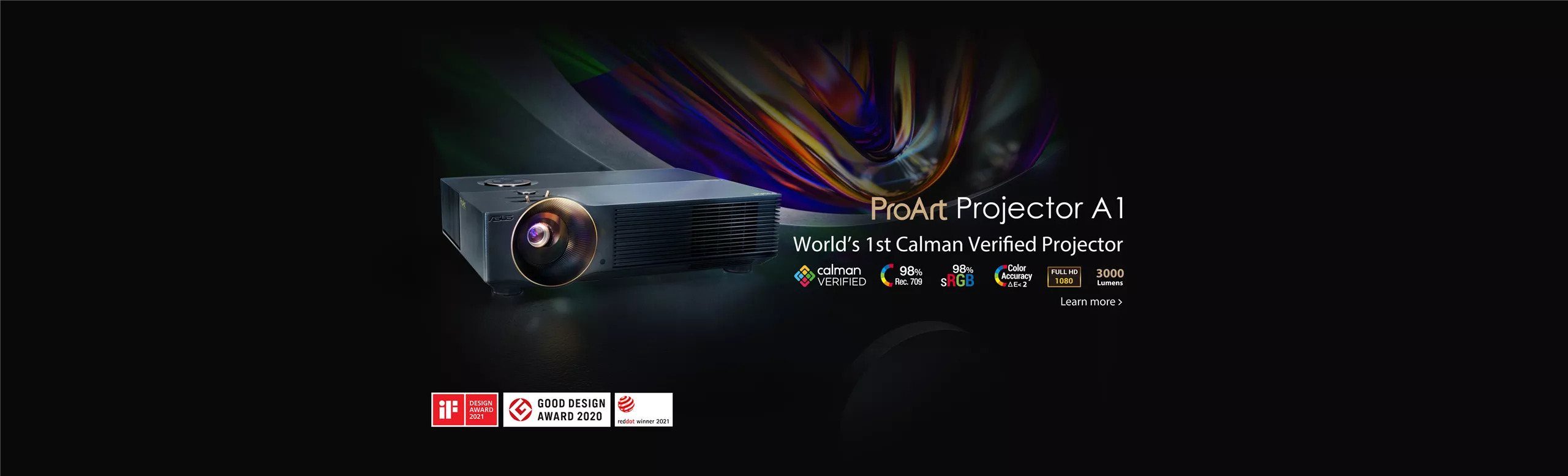 ASUS ProArt Projector A1 LED is the world’s first Calman Verified professional projector, providing users with vivid FHD visuals. Factory pre-calibrated to Delta E < 2 for exceptional color accuracy, it covers 98% sRGB and Rec. 709 color spaces. Its 3000-lumens LED light source offers up to a 30,000-hour lifespan.