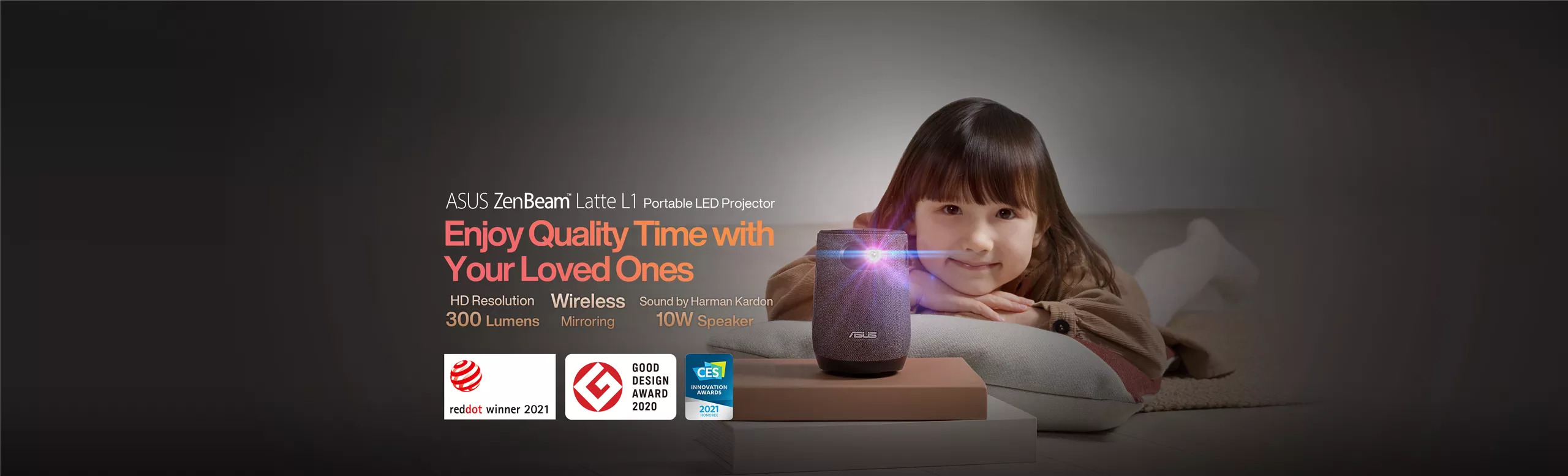 ZenBeam Latte has a maximum brightness of 300 LED lumens and 720p native resolution. With projection sizes ranging from 40 to 120 inches (1 to 3.2 meters), it transforms any room into a home cinema that the whole family can enjoy.