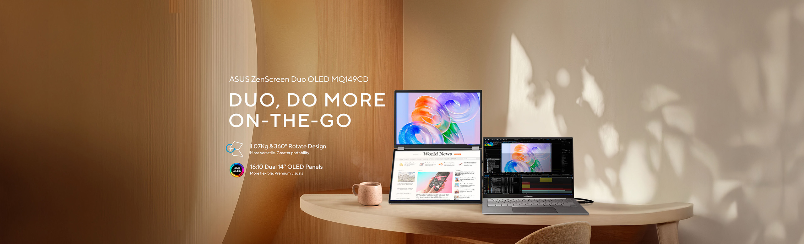 Product scene of an ASUS   ZenScreen Duo OLED MQ149CD portable dual‑screen   monitor (one screen vertical, one horizontal) beside a laptop on a curved   wooden desk, with warm sunlight casting leafy shadows and the headline “DUO,   DO MORE ON‑THE‑GO”; icons note its 1.07 kg 360°‑rotate design and 16:10 dual 14‑inch OLED panels.