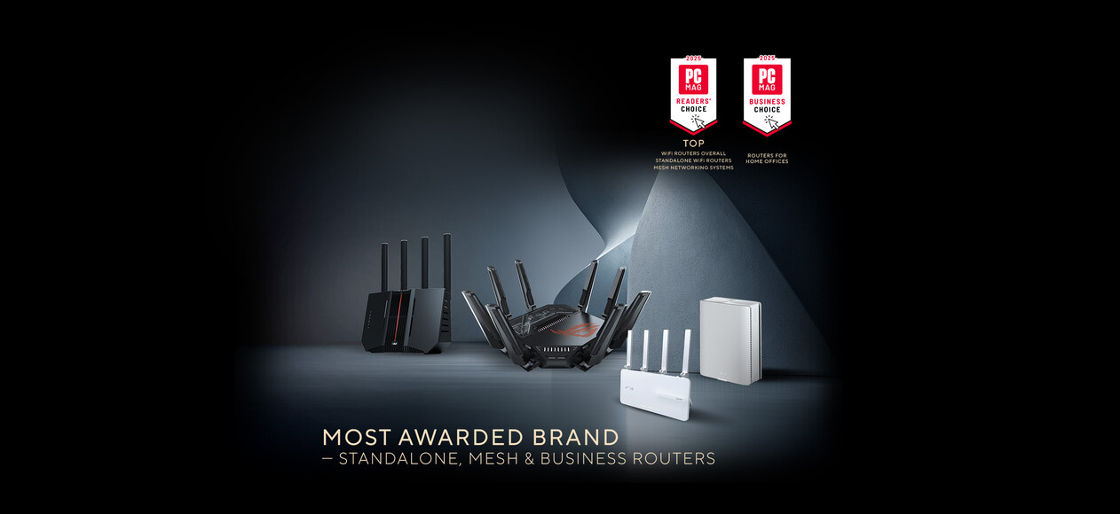 Four ASUS routers are displayed with PCMag 2025 Readers' Choice and Business Choice award badges, highlighting ASUS as the most awarded brand for standalone, mesh, and business routers.