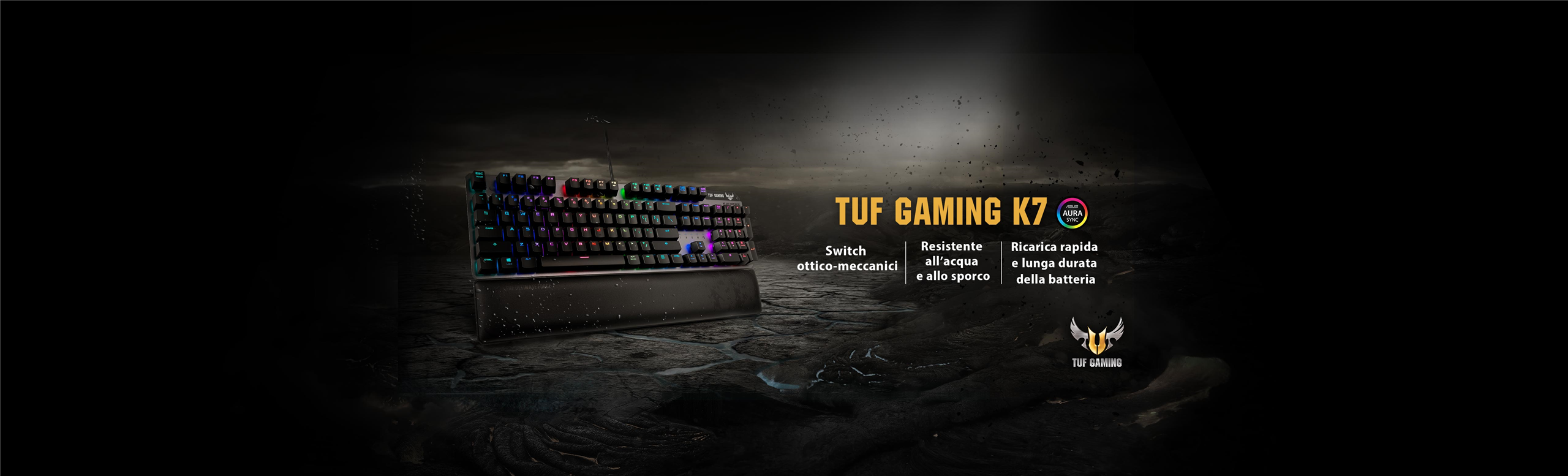 L'immagine mostra una tastiera da gaming con illuminazione RGB. A destra si trova il testo TUF GAMING K7 con alcune caratteristiche