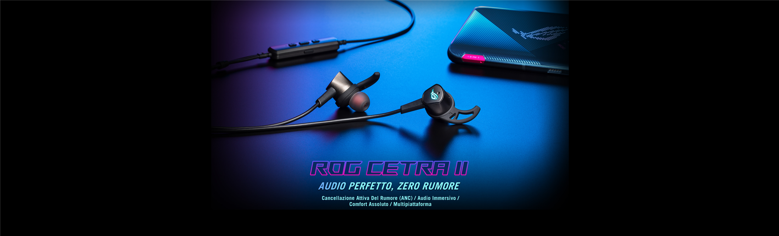 L'immagine mostra degli auricolari ROG CETRA II con lo sfondo si uno smartphones