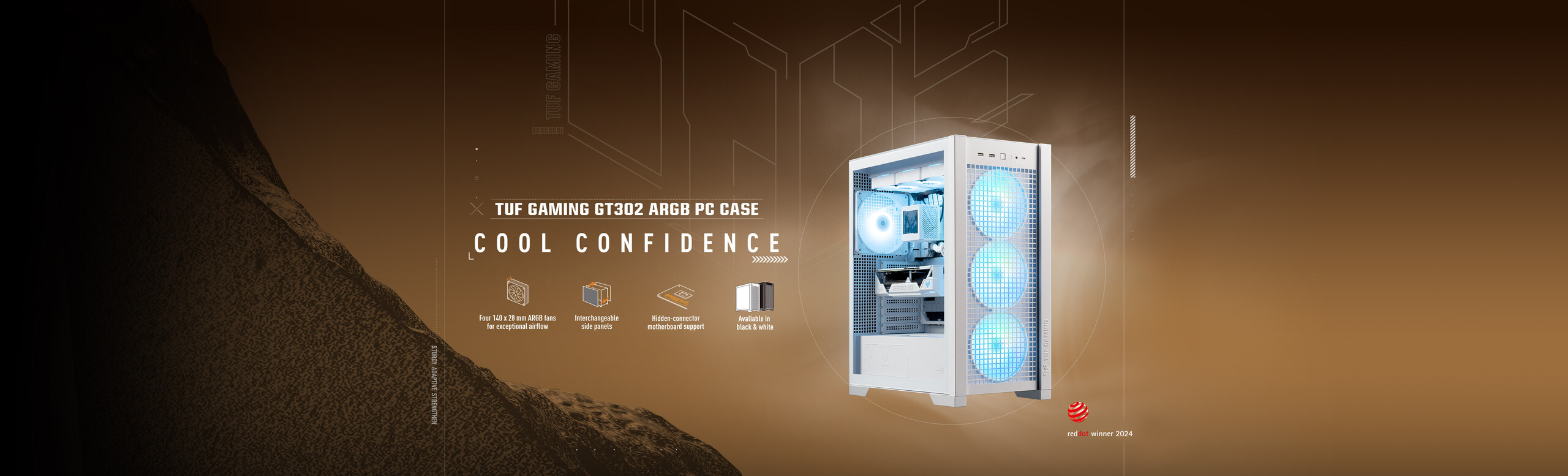 L'immagine mostra il case per PC GT302 ARGB che è dotato di quattro ventole da 140x28 mm per un flusso d'aria eccezionale.