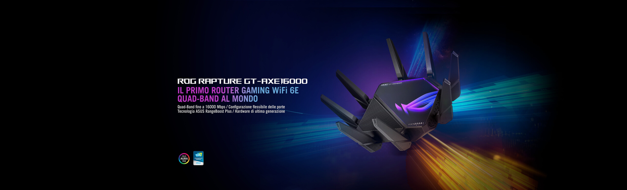 L'immagine mostra un router ROG Rapture GT-AXE16000 sullo sfondo di raggi luminosi che convergono al centro