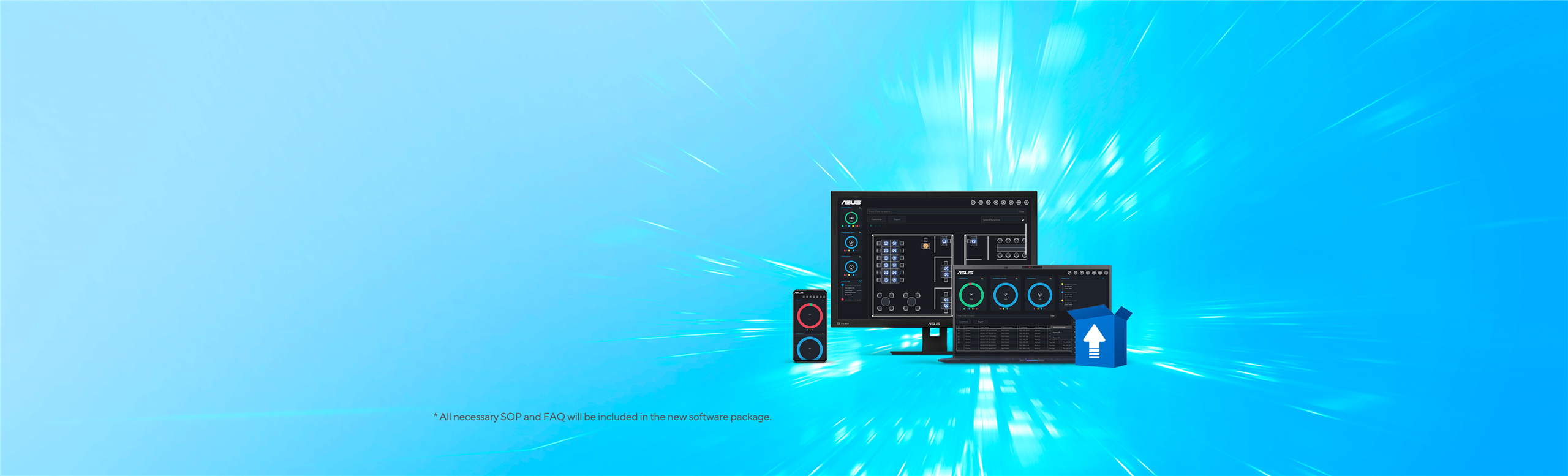 L'immagine mostra uno smartphones, un monitor ed un PC con il sofwtare di gestione remota ASUS Control Center Express