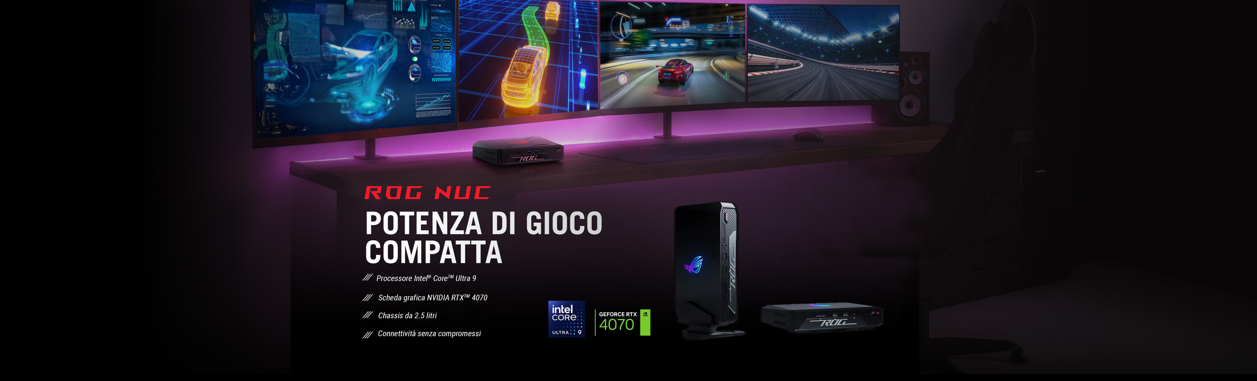 L'immagine raffigura un nimi pc della serie ROG NUC 2024 in uno scenario gaming al centro tra due monitor