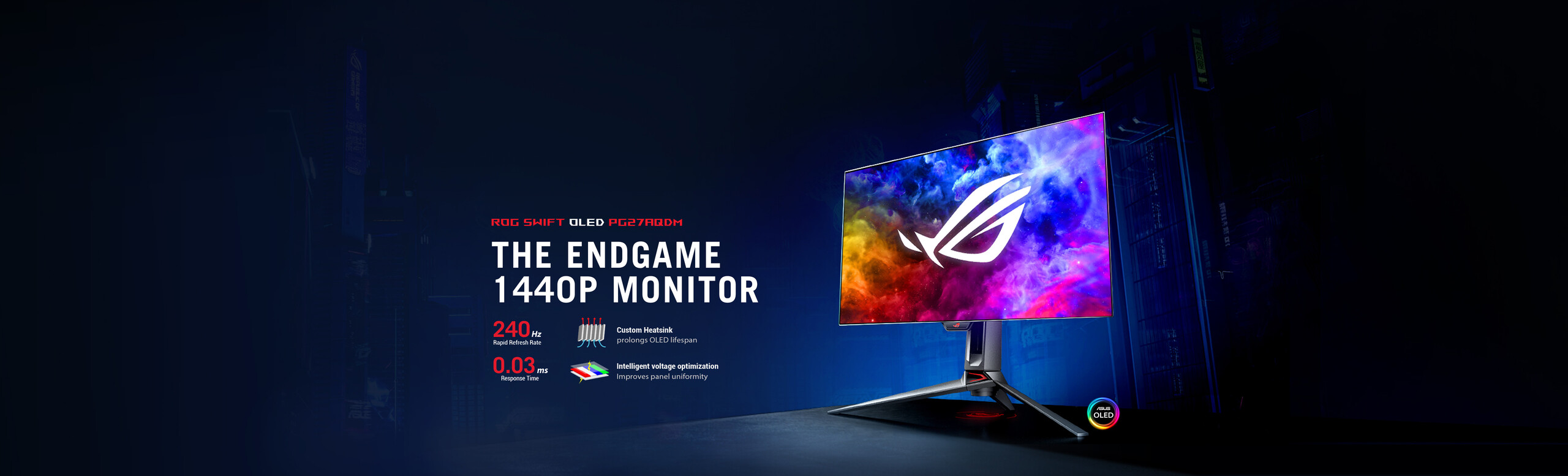 L'immagine mostra il monitor gaming ROG SWIFT OLED PG27AQDM