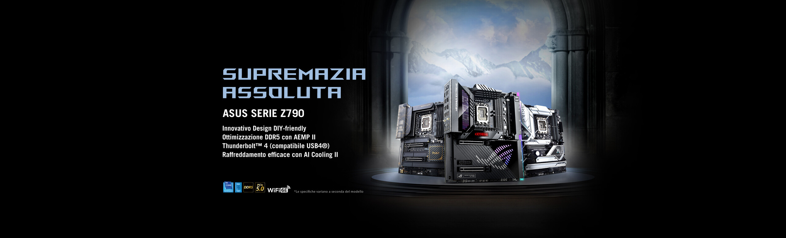 L'immagine mostra un insieme di schede madri della serie ASUS Z790, presentate con il tema di SUPREMAZIA ASSOLUTA. Nel testo a sinistra ci sono diverse caratteristiche tecniche elencate