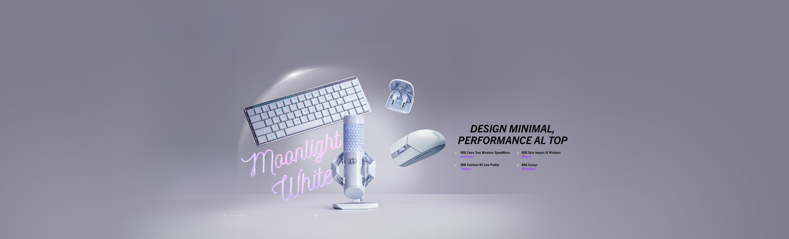 L'immagine mostra una composizione di periferiche ROG Moonlight sopsese in aria: microfono, tastiera, mouse e auricolari tutti bianchi