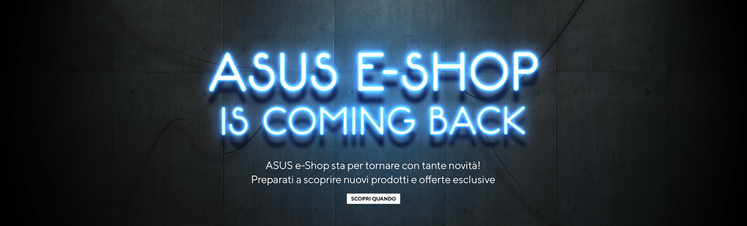 Uno sfondo in movimento annuncia un conto alla rovescia per la riapertura dello shop ASUS e chiede se si vuole essere tra i primi a visitarlo, invitando ad iscriversi ad una newsletter.