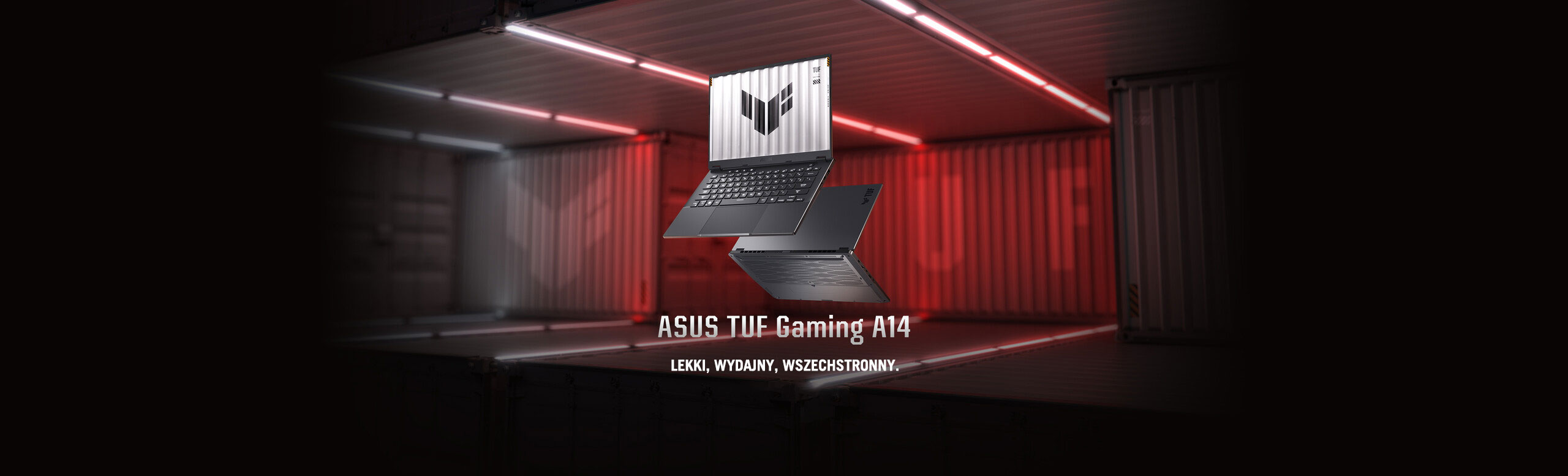 Two tuf gaming a14 open views with text "Portable Power, Maximum Impact"