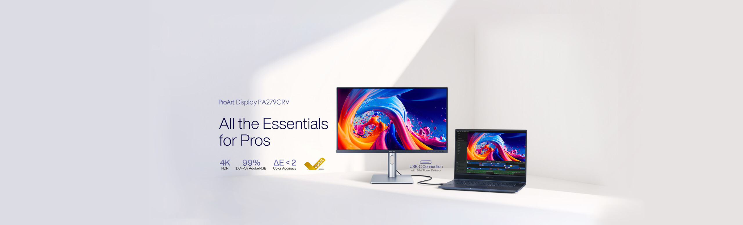 Monitorul ProArt Display PA279CRV este afisat pe un fundal deschis la culoare si este conectat la un laptop unde se face editare video.