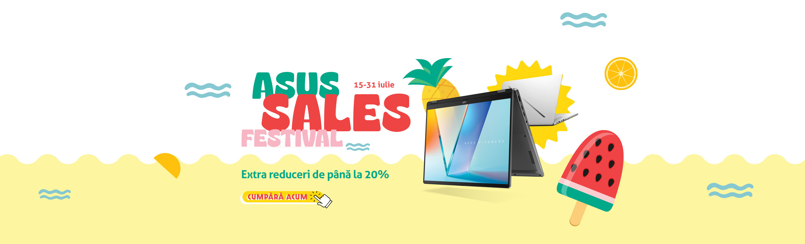Scris in stanga sus numele campaniei, ASUS SALES FESTIVAL, iar in dreapta pe un fundal cu elemente de vara doua laptopuri spate in spate din care Vivobook Flip cu fata, in mod cort, reducere pana la 20%