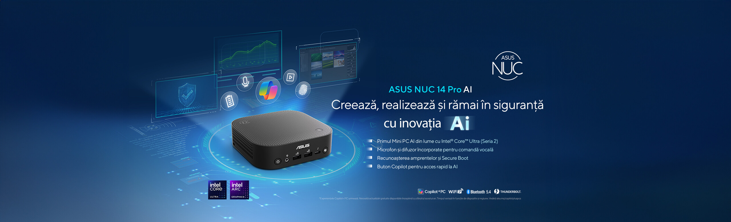 An ASUS NUC 14 Pro AI Mini PC with icons around it showcasing key features: Copilot+ PC, Wi-Fi 7, Voice Command, and Power Saving. Each icon highlights these unique product capabilities, creating a visually informative display of its strengths.
