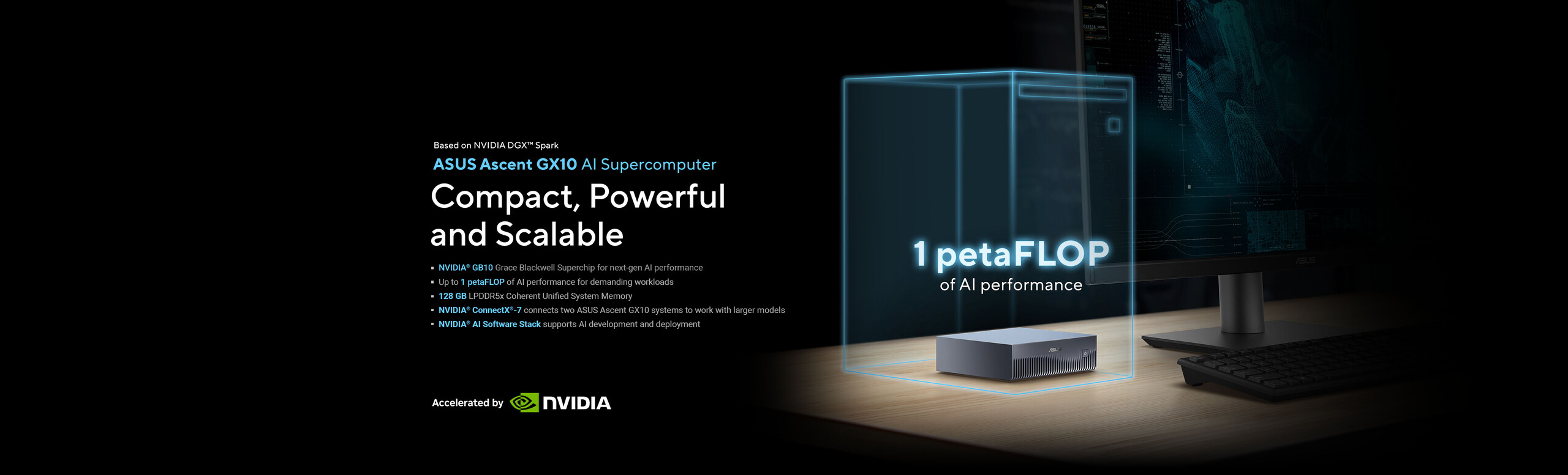A GX10 compact AI supercomputer on the desk, paired with a monitor.