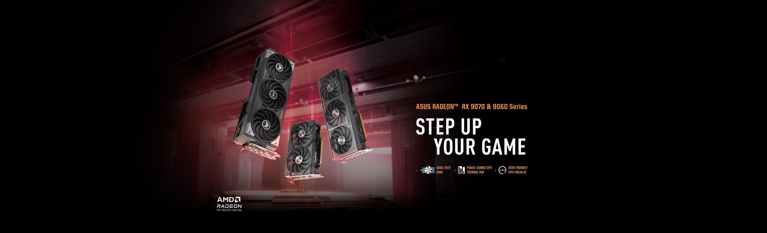 TUF Gaming, Prime and dual Radeon RX 9060 XT graphics card fly upward