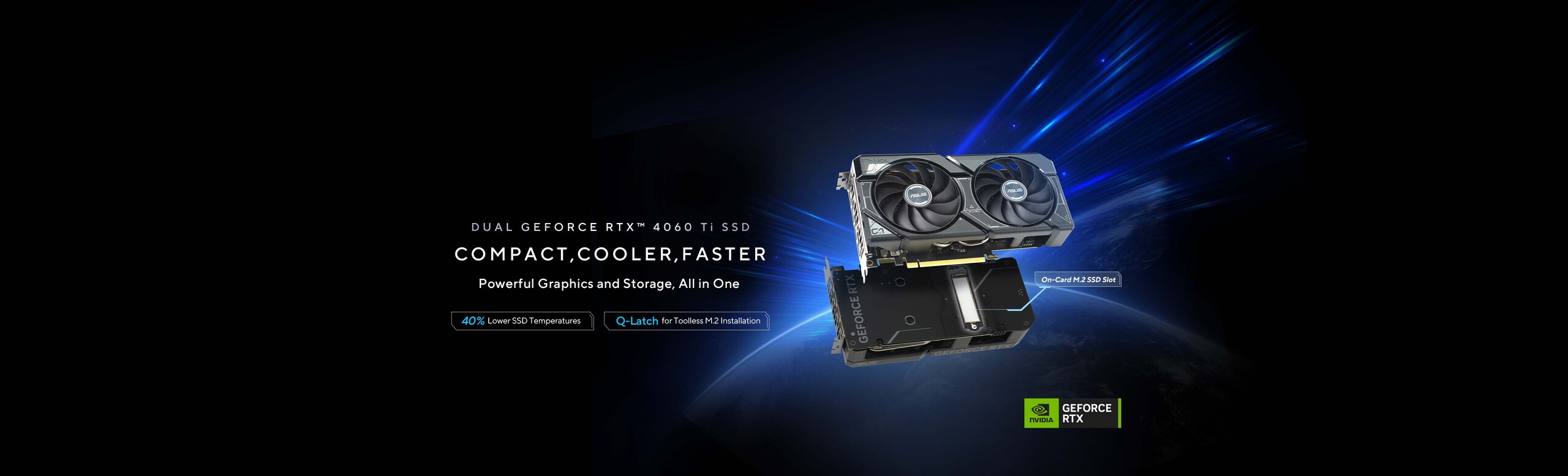 ASUS Dual GeForce RTX 4060 Ti SSD graphics card front side and back side highlighting the M.2 slot with a speed feeling background.