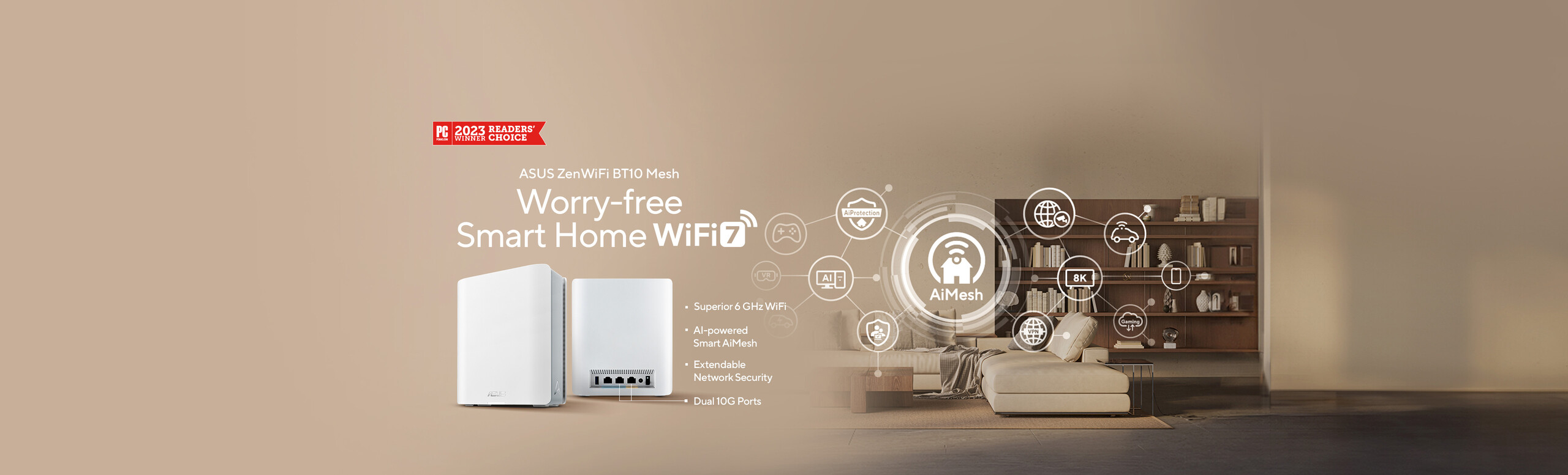 ASUS ZenWiFi BT10 mesh routers with software and IoT icons over a modern zen-style home background, featuring the PCMag 2023 Readers' Choice Award logo.