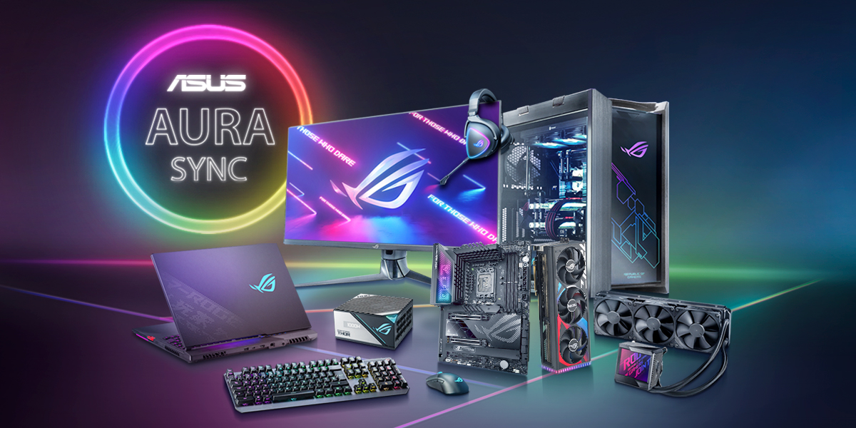 Eine Reihe von ROG-Produkten, die Aura Sync unterstützen, darunter ein Mainboard, eine Grafikkarte, Peripheriegeräte und ein Desktop-Gehäuse