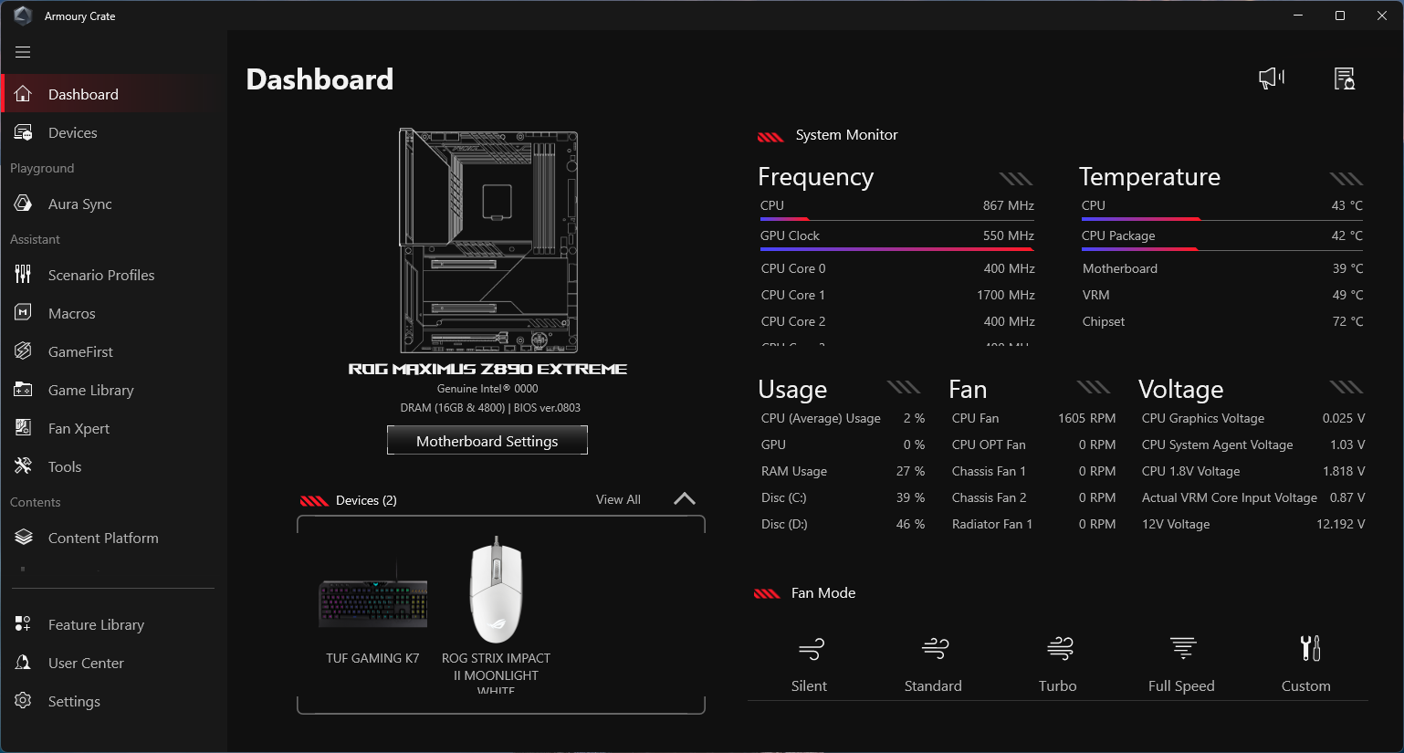 The user interface of ASUS Armoury Crate