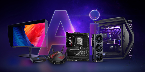 Un ensemble de produits ASUS comprenant une carte mère, une carte graphique, un routeur WiFi, un NUC, un écran