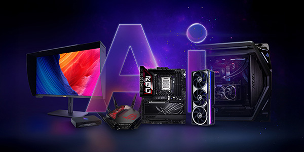 A set of ASUS products  including a motherboard, graphics card, WiFi router, NUC, display