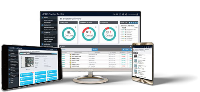 A tablet, a monitor, and a smartphones, all displaying the ASUS Control Center interface.