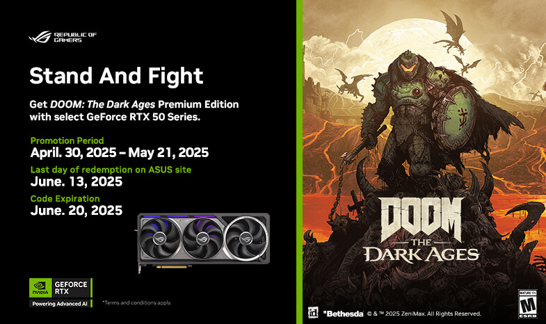 Get DOOM: The Dark Ages Premium Edition with select GeForce RTX 50 Series.