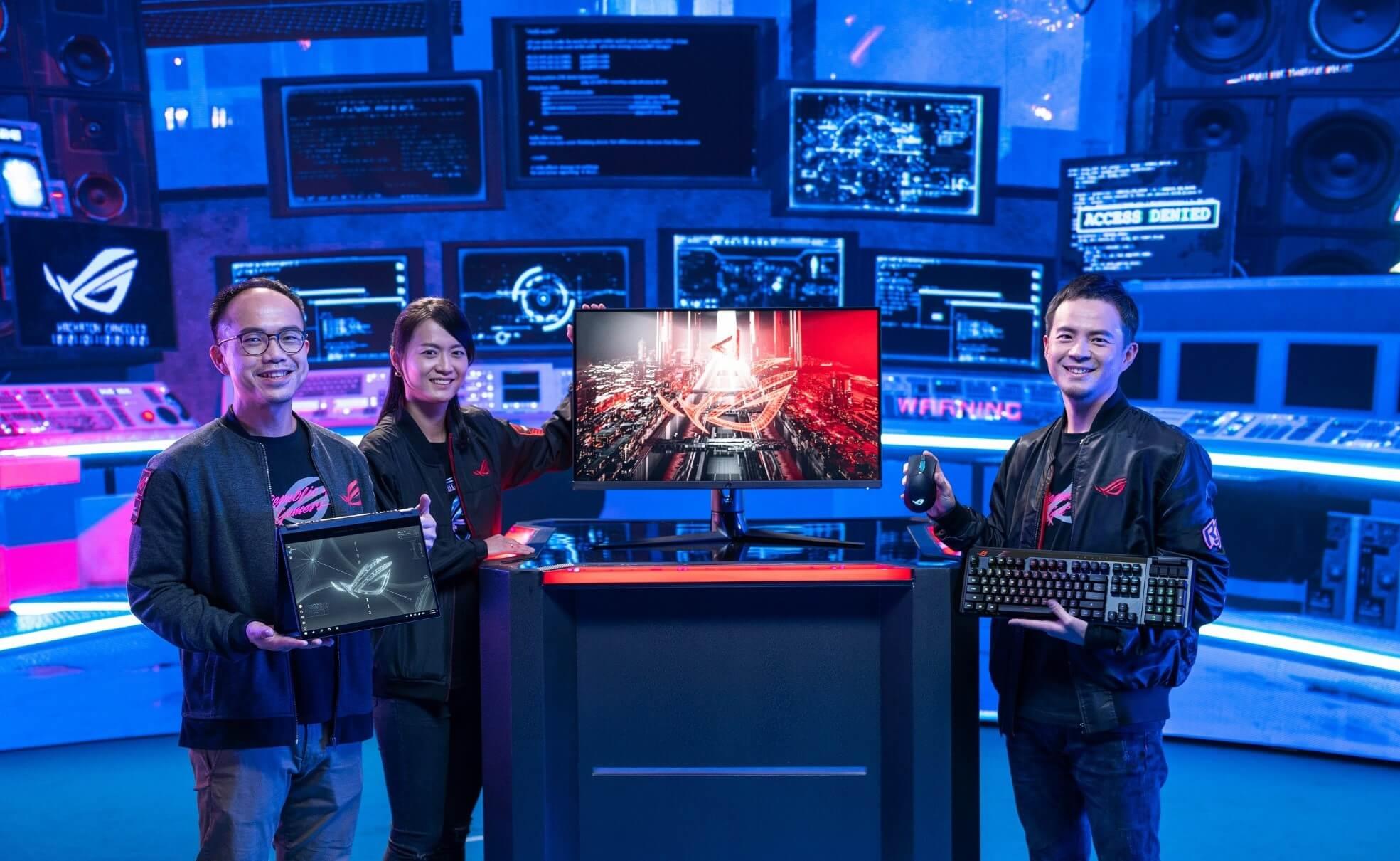 Three people showcasing various new ROG products at the CES 2021 ROG For Those Who Dare virtual launch event