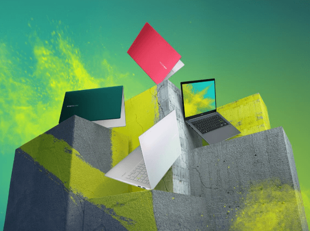 multiple color of Vivobooks S14 and Vivobooks S15 displaying on blocks