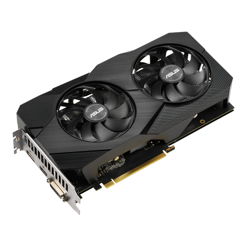 Dual GeForce GTX 1660 SUPER 6GB Advanced Edition GDDR6 EVO graphics card, front angled view, highlighting the fans, I/O ports