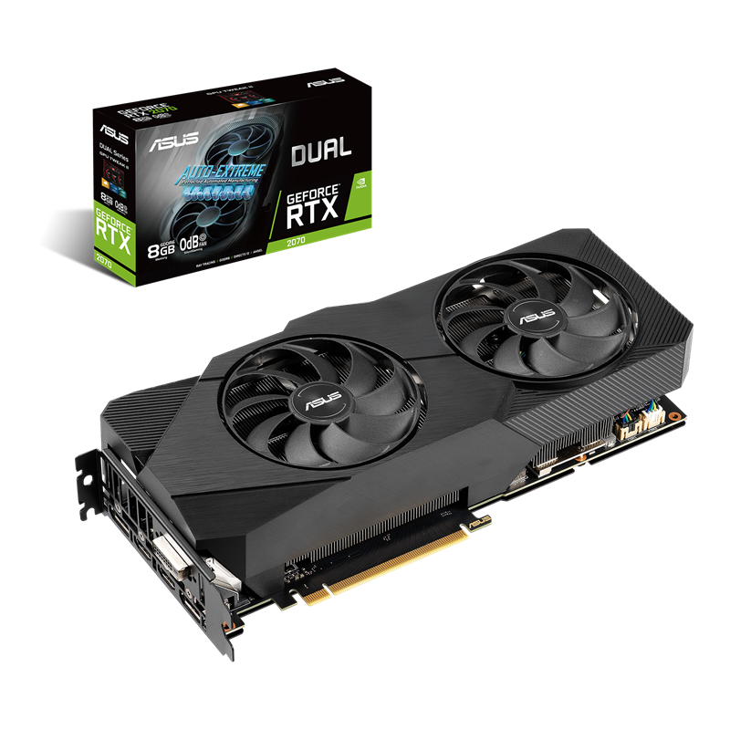 Dual series of GeForce RTX 2070 EVO packaging and graphics card