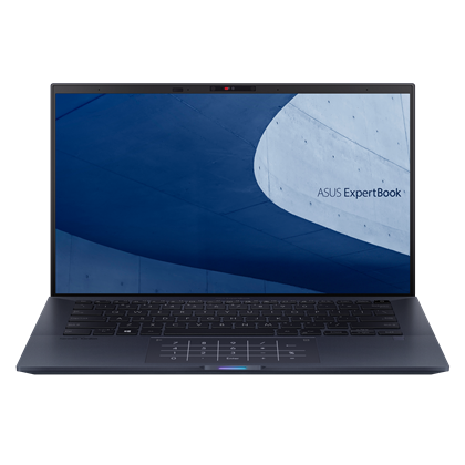 A front view of ExpertBook B9 with blue light-up Alexa bar and ASUS NumberPad.