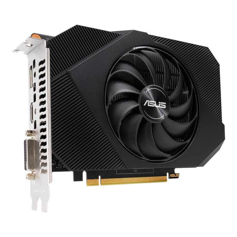 ASUS Phoenix GeForce GTX 1650 OC edition 4GB GDDR6 graphics card, angled bottom up view