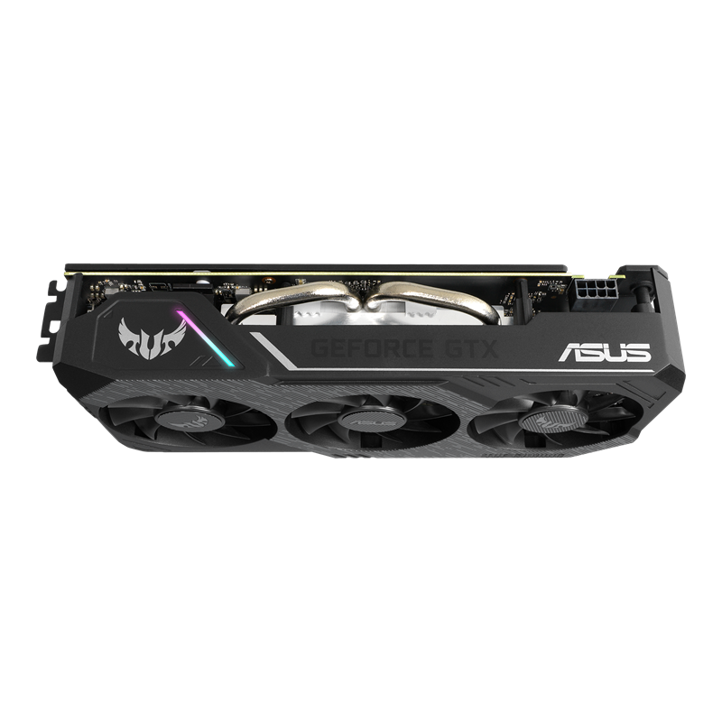ASUS TUF Gaming X3 GeForce GTX 1660 OC edition 6GB GDDR5 graphics card, top view, showcasing the heatsink