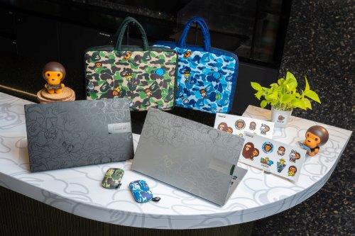 Vivobook S 15 OLED BAPE 限定版筆電全套配件包含:BABY MILOR公仔、無線滑鼠、筆電包和貼紙組。