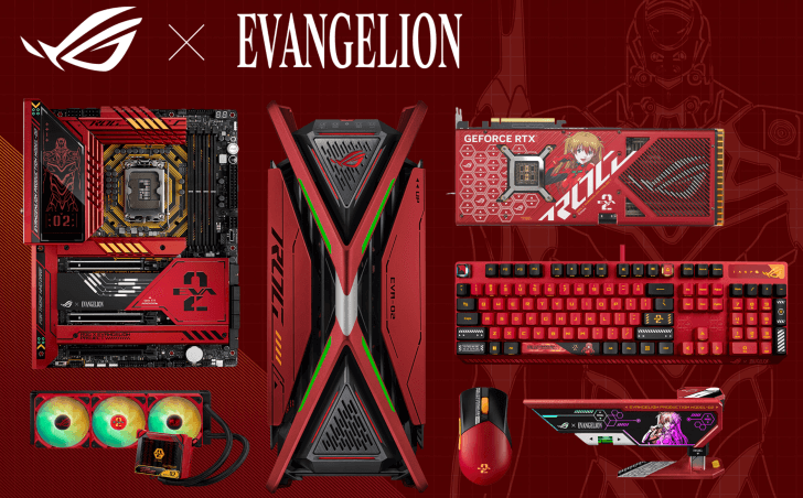 ASUS Evangelion products laid out on a red background