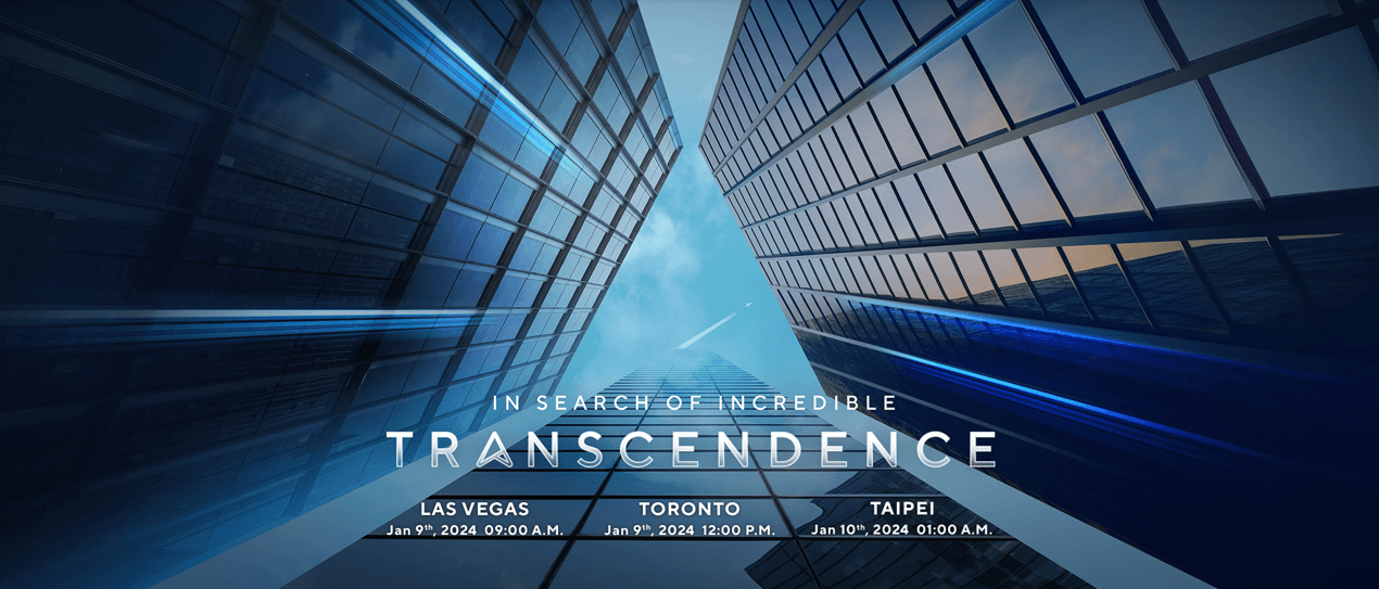 In search of incredible. A high-tech landscape with the dates for the event: Las Vegas on Jan 9 at 9 AM, London on Jan 9 at 12 PM, Taipei on Jan 10 at 1 AM