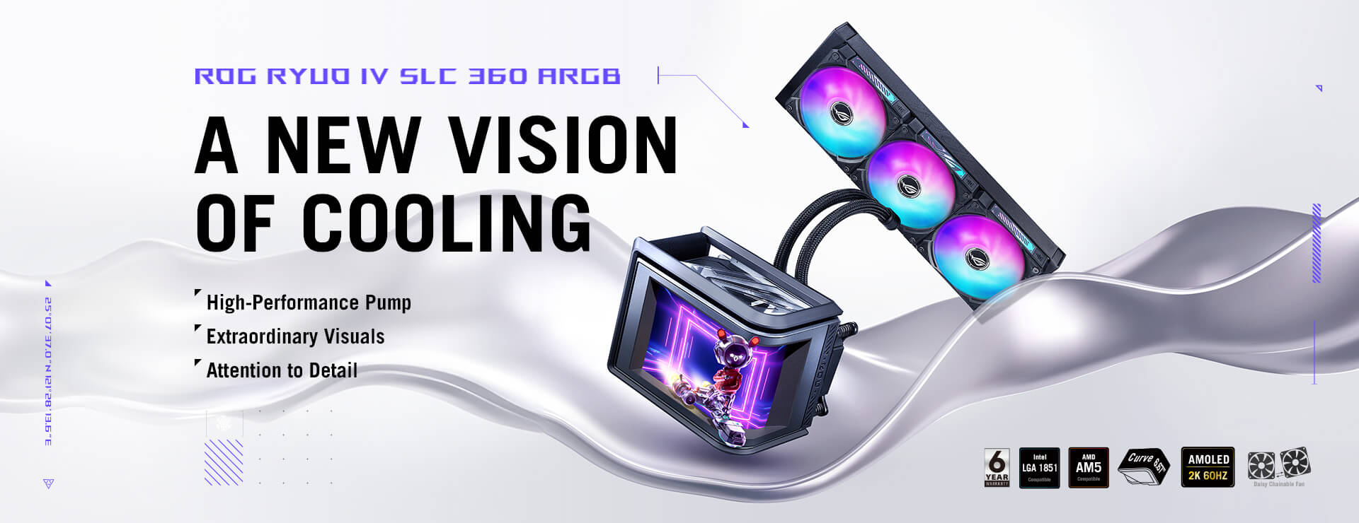 ROG Ryuo IV SLC 360 ARGB AIO Cooler stands above the water flow, showcasing powerful cooling capabilities while presenting a breakthrough 3D visual effect that transcends reality and illusion.