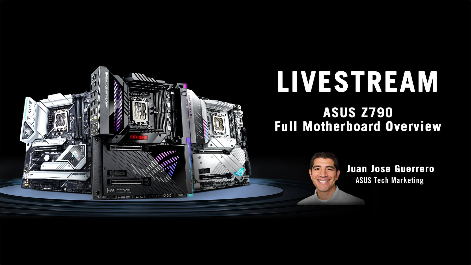 Obrázek s informacemi o livestreamu a portrétem Juana Josého Guerrera z technického marketingu společnosti ASUS