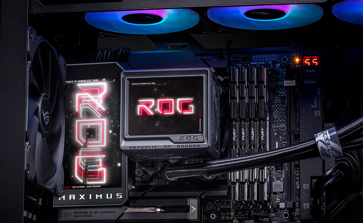 Fotos internas de un PC con placa base ROG MAXIMUS Z890 EXTREME y disipadsor ROG Ryujin III 360 ARGB Extreme AIO