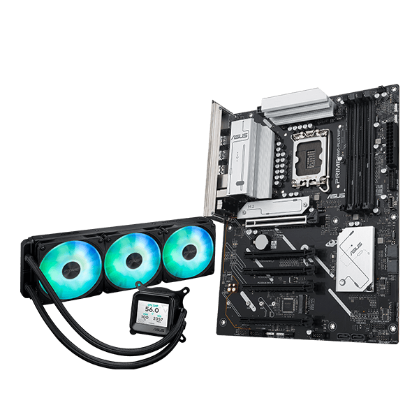 ASUS Prime B860-Plus WiFi y ASUS Prime LC 360 ARGB LCD, toma en ángulo de 45